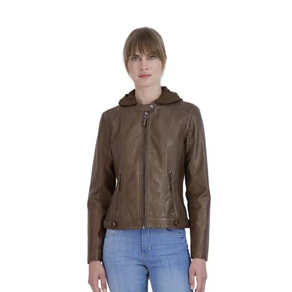 Sebby Collection Faux Leather Hooded Moto Jacket Women Small Brown
